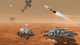 Concept art depicts a Mars menagerie of machines that would team to transport to Earth samples of rocks, soil, and atmosphere being collected from the Martian surface by NASA's Mars Perseverance rover.
